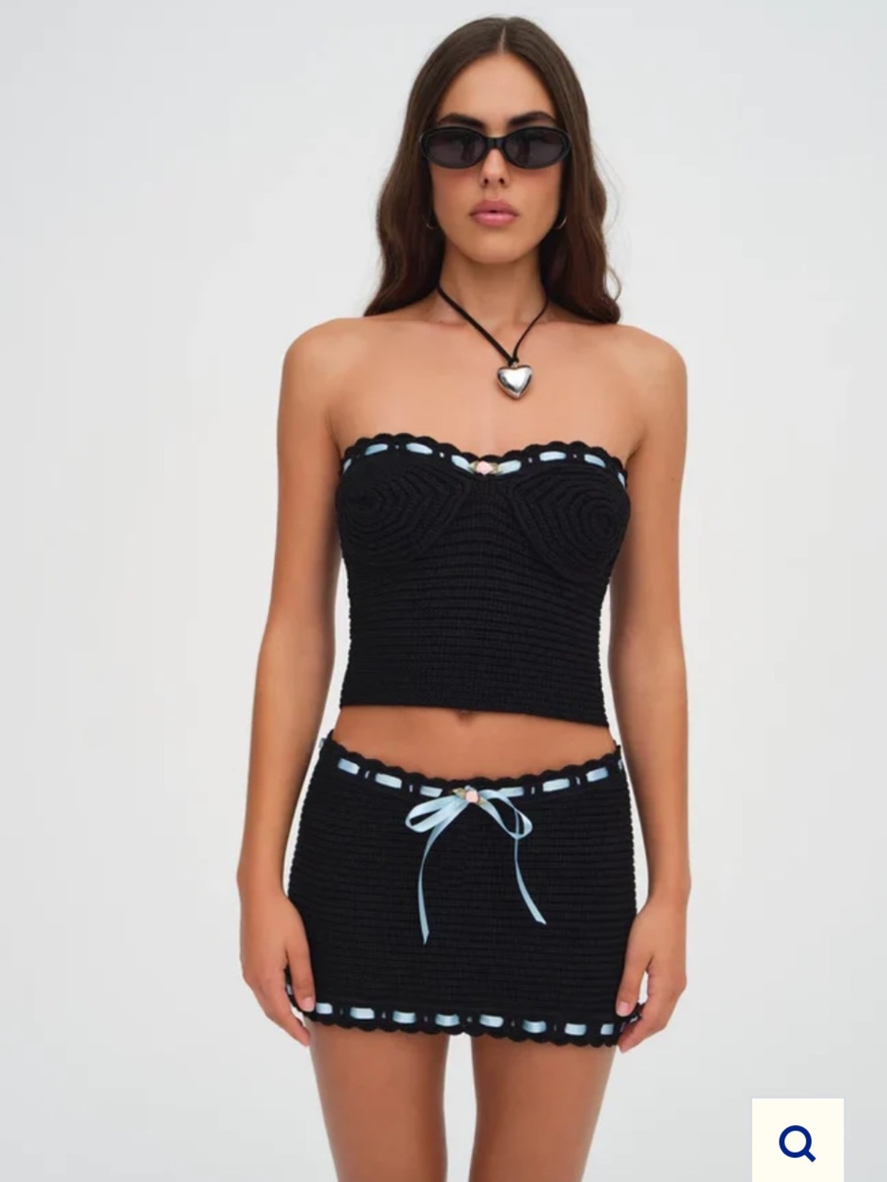 For Love & Lemons Black Crochet Mini Skirt/Crop Top with Light Blue Trim